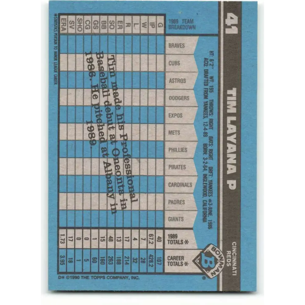 1990 Bowman #41 Tim Layana NM-MT RC Rookie Cincinnati Reds Baseball Card  Image 2