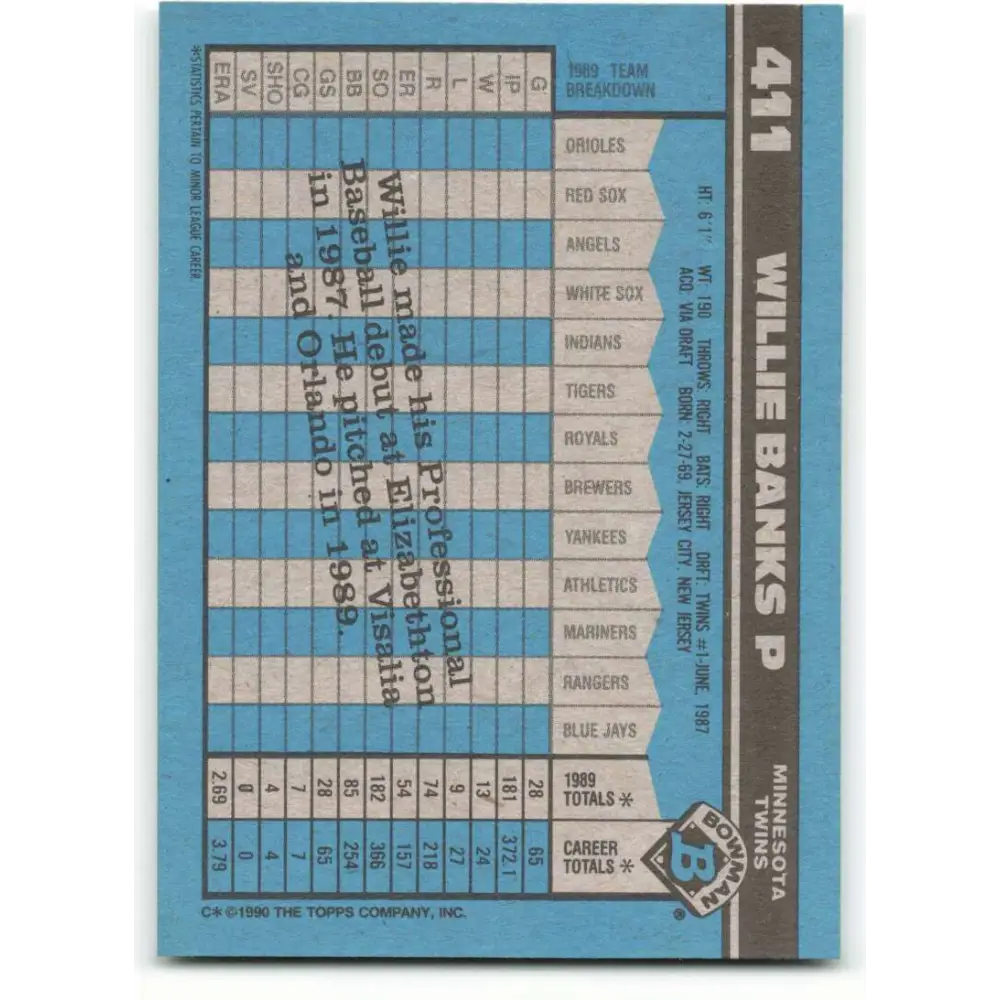 1990 Bowman #411 Willie Banks NM-MT RC Rookie Minnesota Twins Baseball Card  Image 2