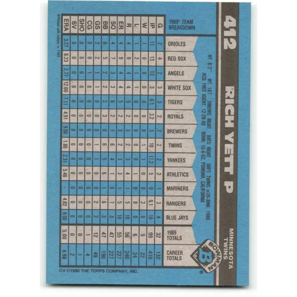 1990 Bowman #412 Rich Yett NM-MT Minnesota Twins Baseball Card  Image 2