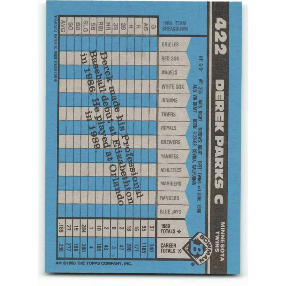 1990 Bowman #422 Derek Parks NM-MT RC Rookie Minnesota Twins Baseball Card  Image 2