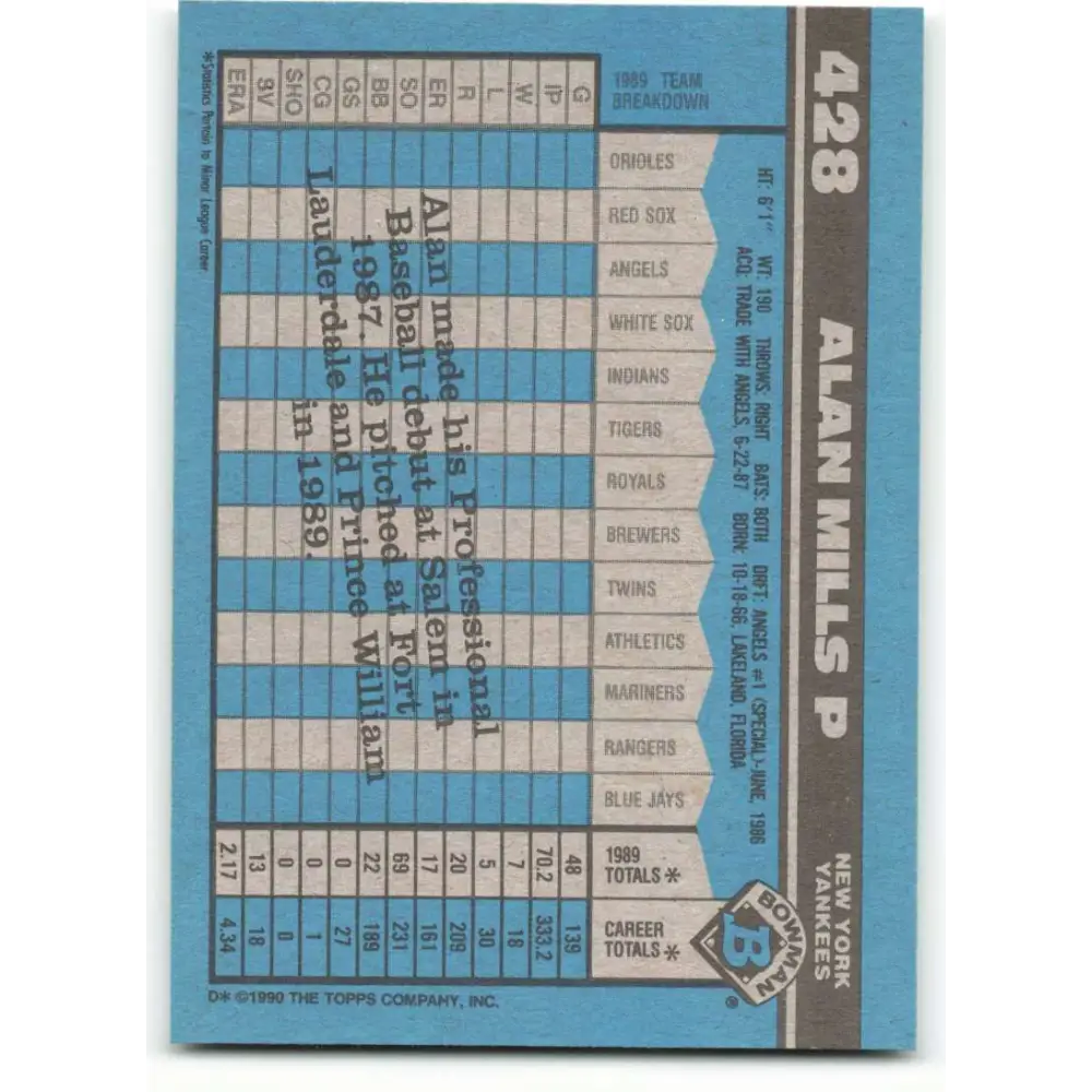 1990 Bowman #428 Alan Mills NM-MT RC Rookie New York Yankees Baseball Card  Image 2