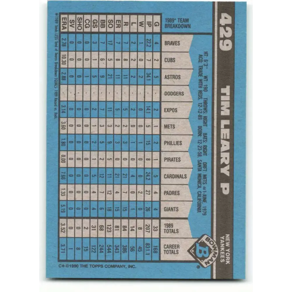 1990 Bowman #429 Tim Leary NM-MT New York Yankees Baseball Card  Image 2