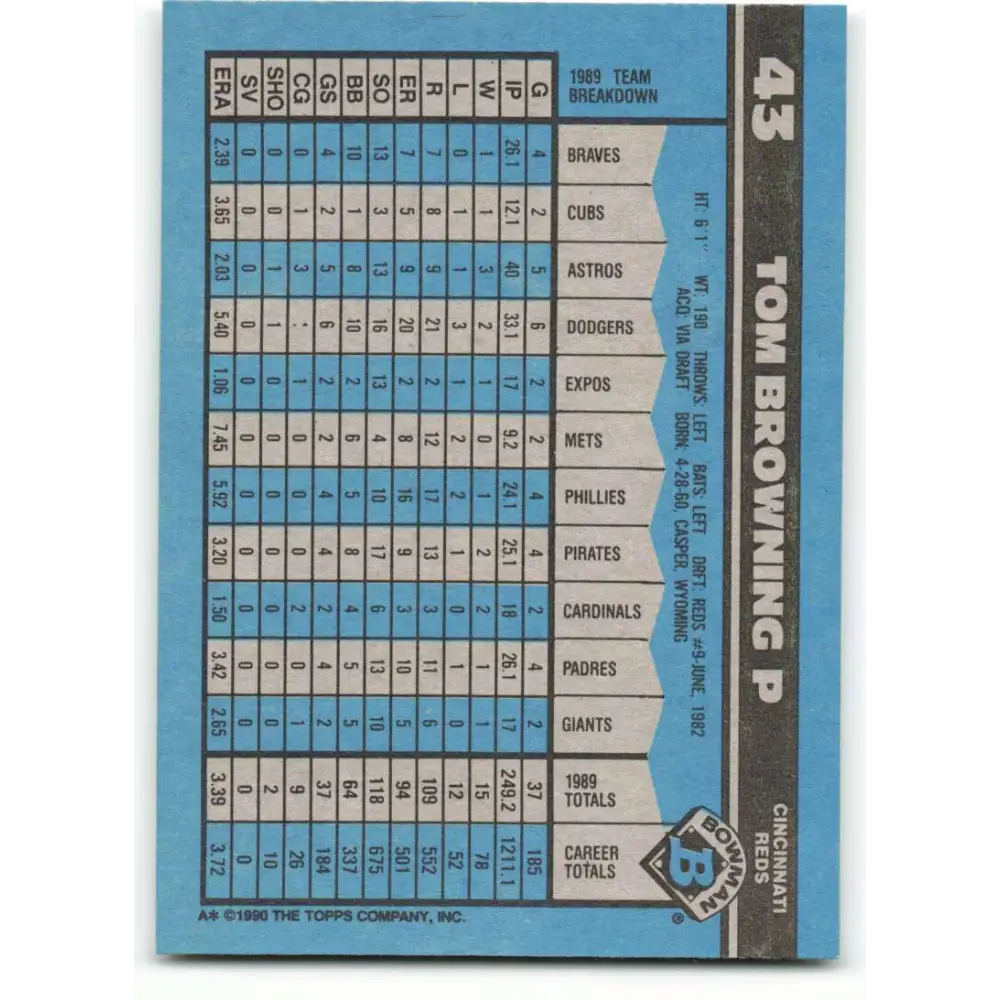 1990 Bowman #43 Tom Browning NM-MT Cincinnati Reds Baseball Card  Image 2