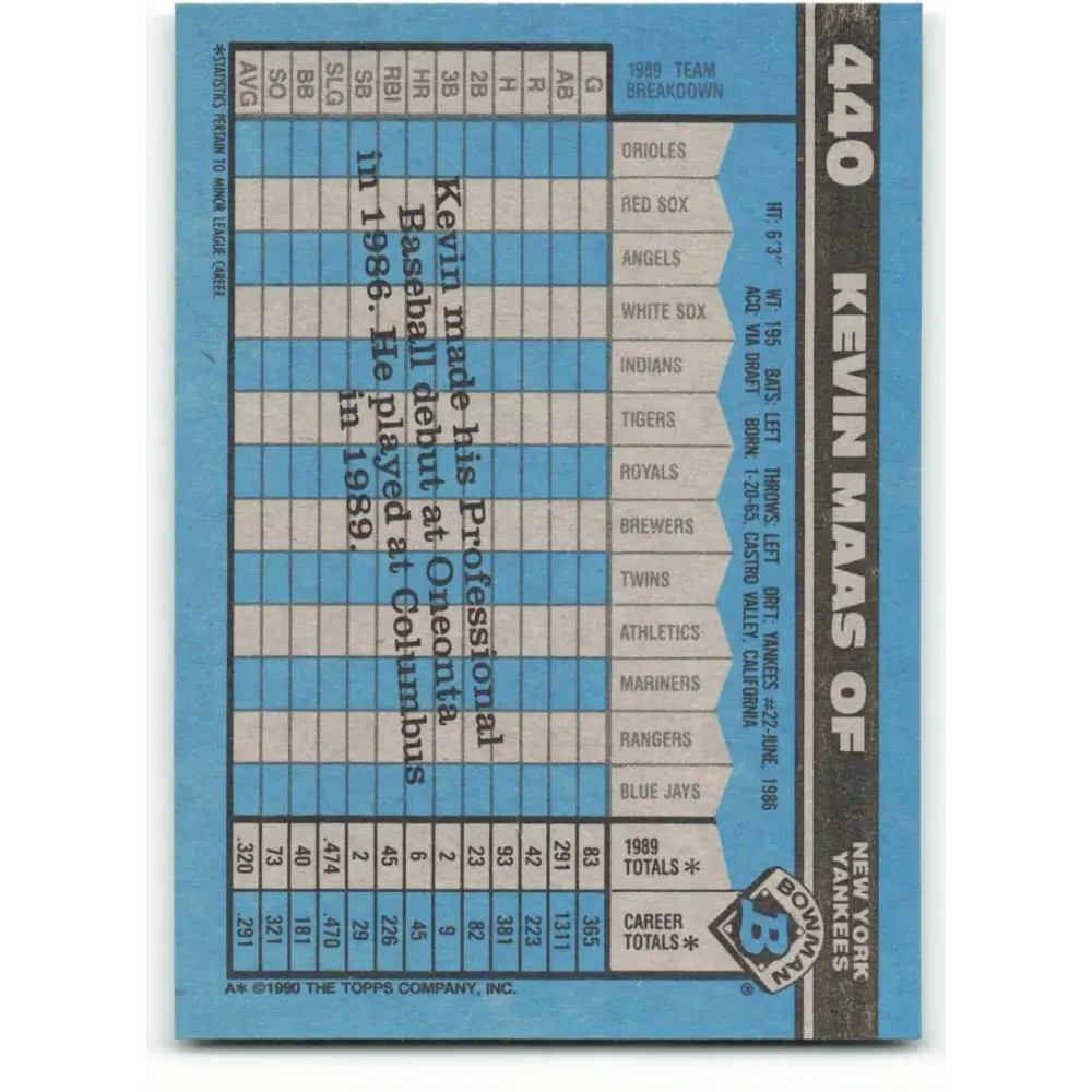 1990 Bowman #440 Kevin Maas NM-MT RC Rookie New York Yankees Baseball Card  Image 2