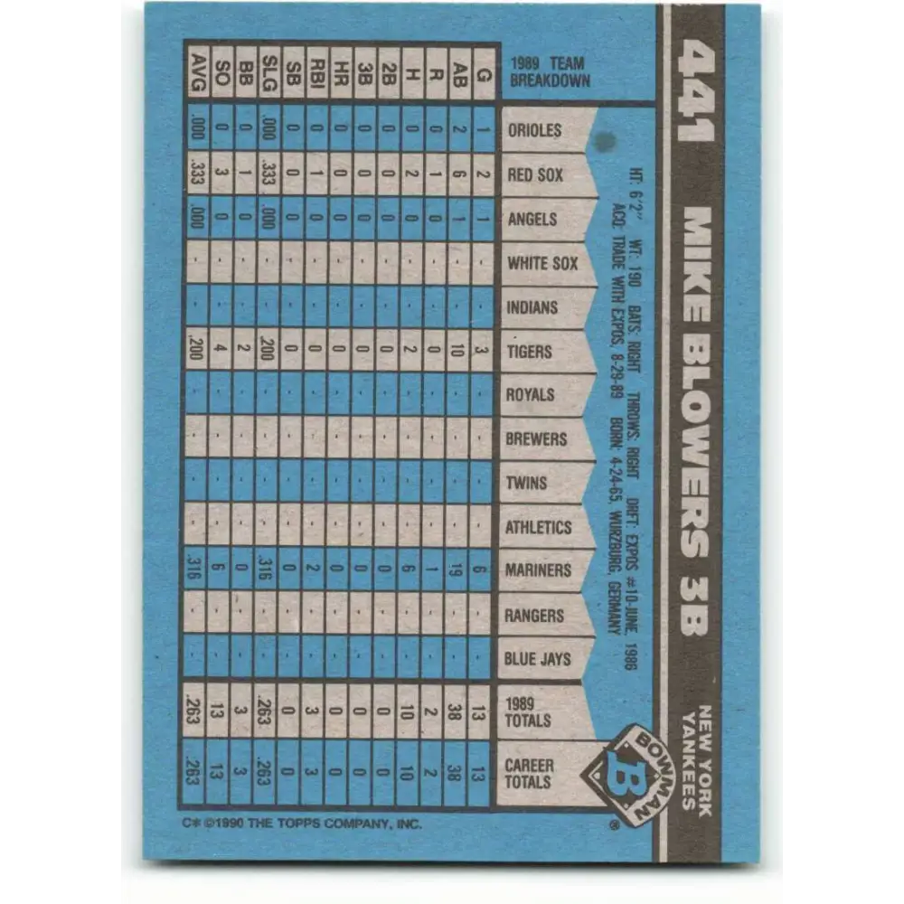 1990 Bowman #441 Mike Blowers NM-MT RC Rookie New York Yankees Baseball Card  Image 2