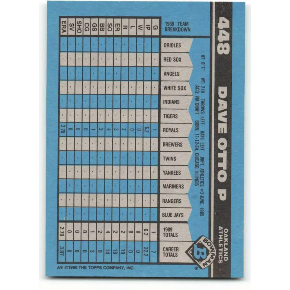 1990 Bowman #448 Dave Otto NM-MT Oakland Athletics Baseball Card  Image 2