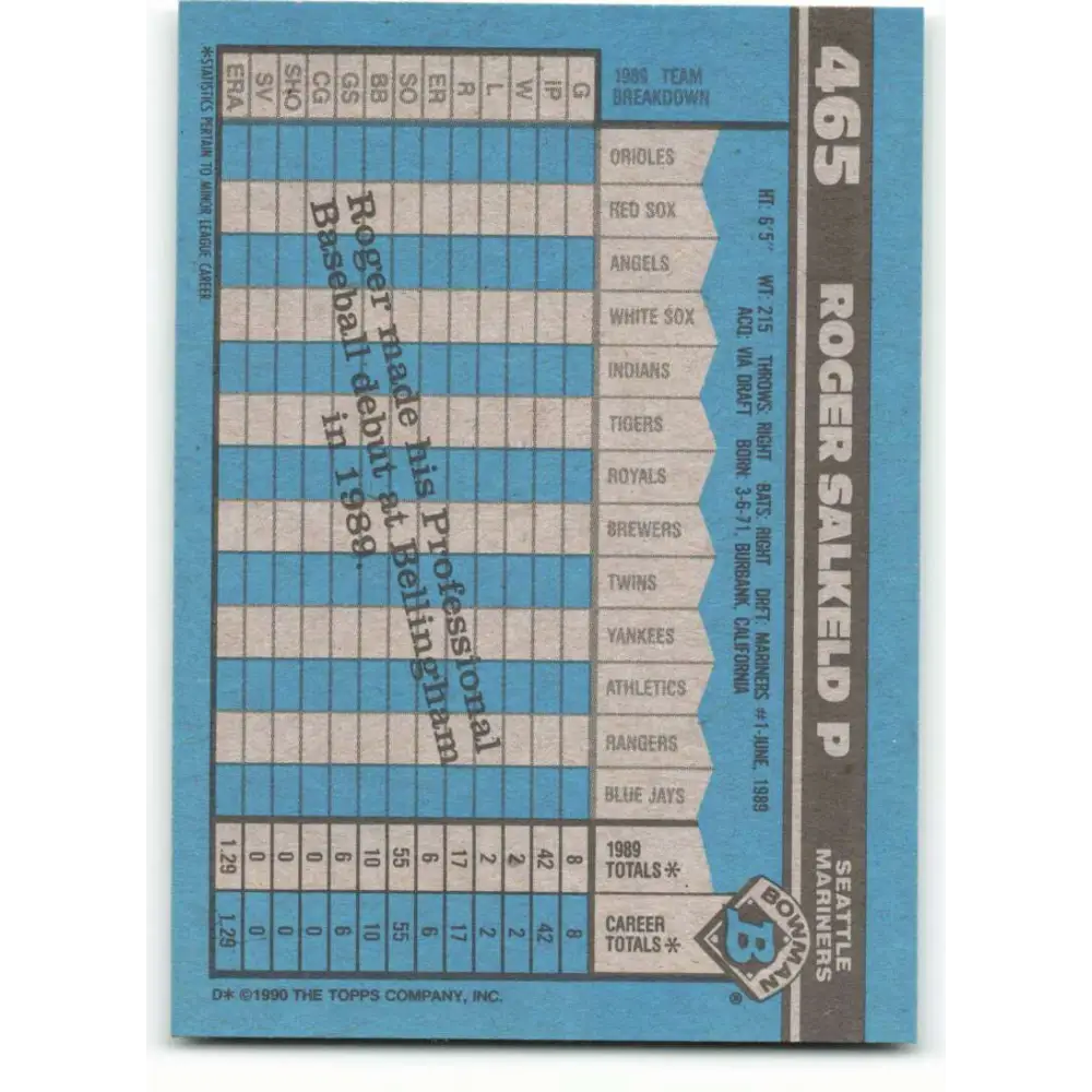 1990 Bowman #465 Roger Salkeld NM-MT RC Rookie Seattle Mariners Baseball Card  Image 2