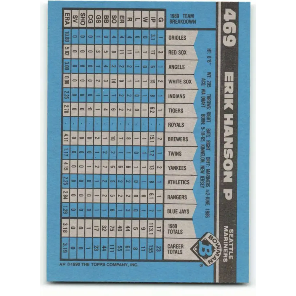 1990 Bowman #469 Erik Hanson NM-MT Seattle Mariners Baseball Card  Image 2