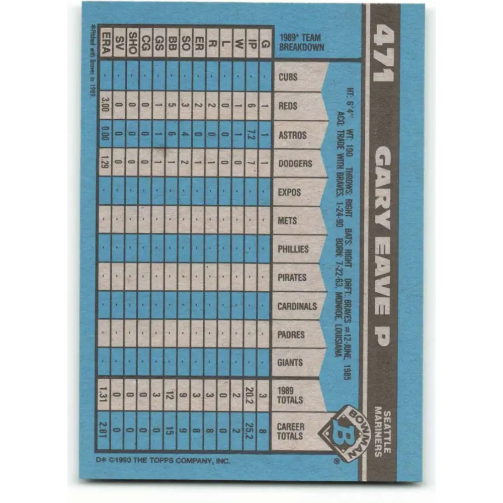 1990 Bowman #471 Gary Eave NM-MT RC Rookie Seattle Mariners Baseball Card  Image 2