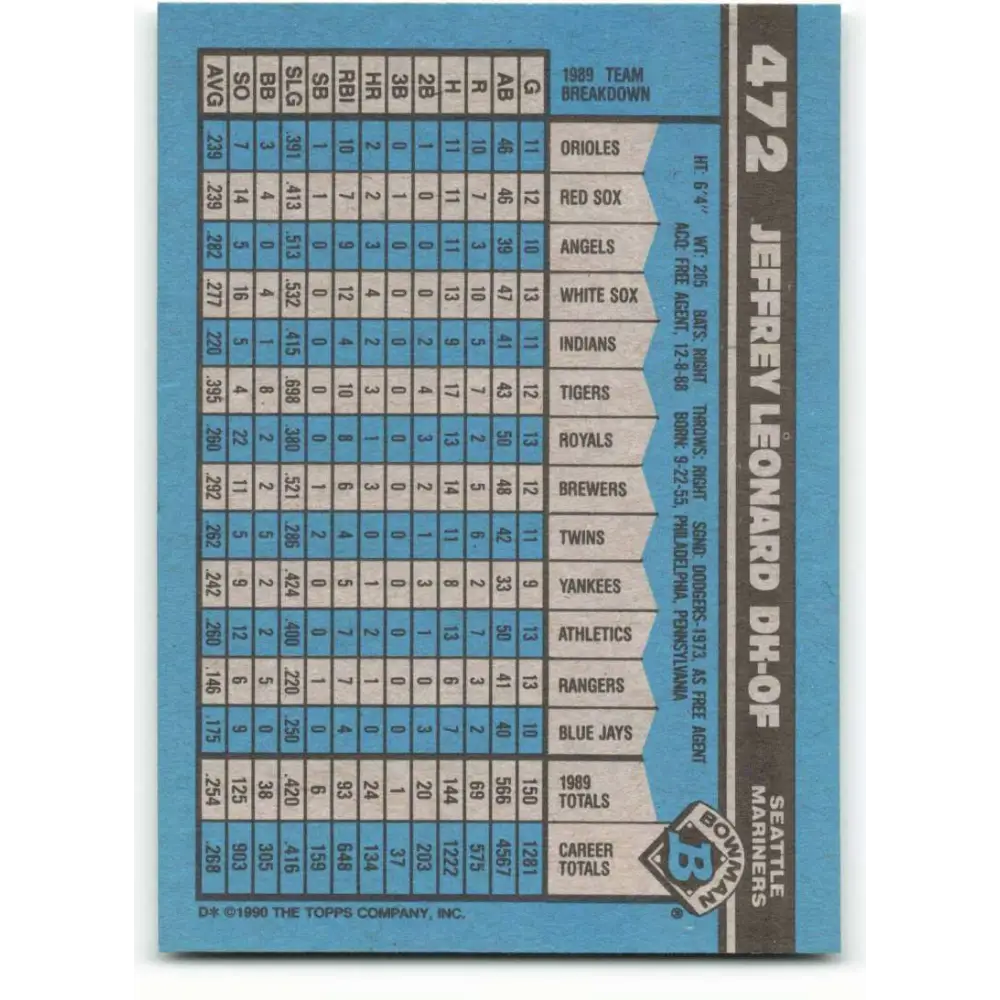 1990 Bowman #472 Jeffrey Leonard NM-MT Seattle Mariners Baseball Card  Image 2
