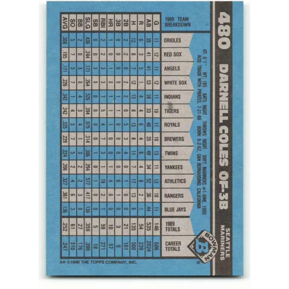 1990 Bowman #480 Darnell Coles NM-MT Seattle Mariners Baseball Card  Image 2