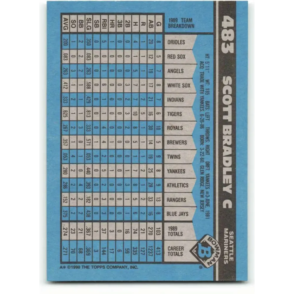 1990 Bowman #483 Scott Bradley NM-MT Seattle Mariners Baseball Card  Image 2