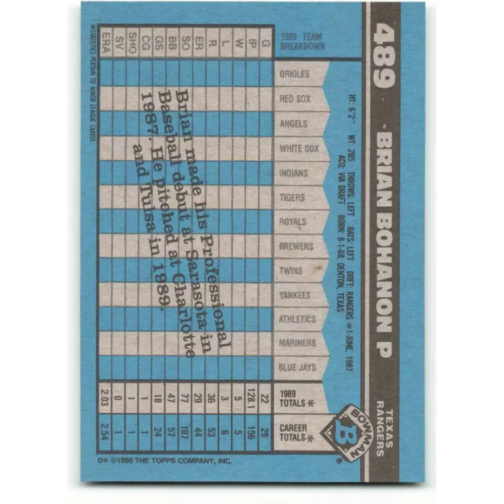 1990 Bowman #489 Brian Bohanon NM-MT RC Rookie Texas Rangers Baseball Card  Image 2