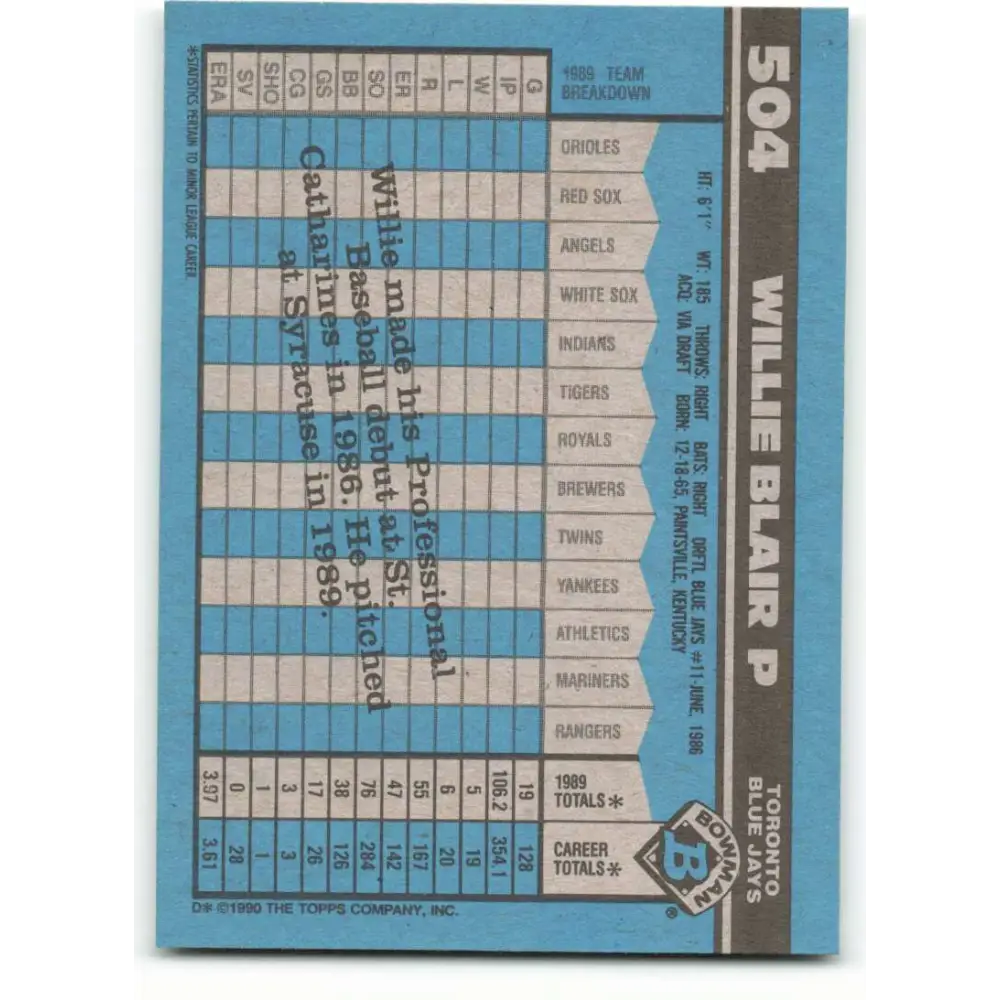 1990 Bowman #504 Willie Blair NM-MT RC Rookie Toronto Blue Jays Baseball Card  Image 2