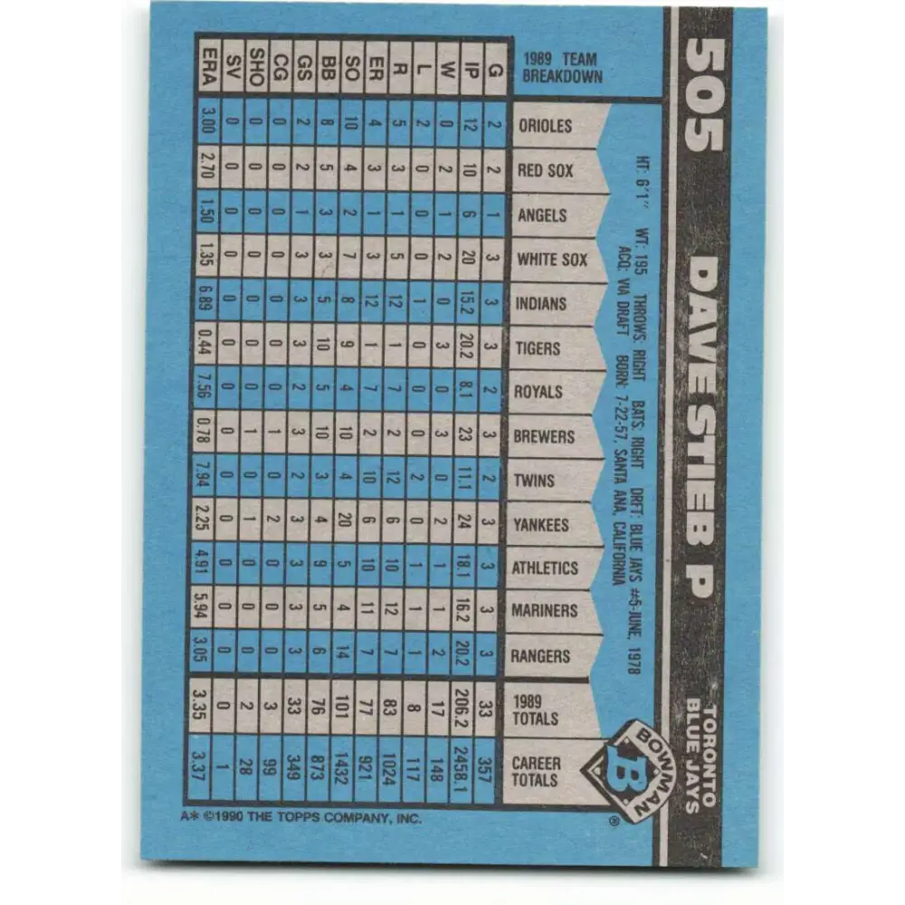 1990 Bowman #505 Dave Stieb NM-MT Toronto Blue Jays Baseball Card  Image 2
