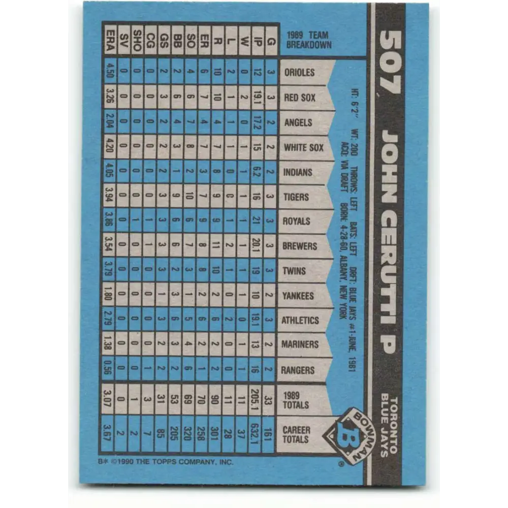 1990 Bowman #507 John Cerutti NM-MT Toronto Blue Jays Baseball Card  Image 2