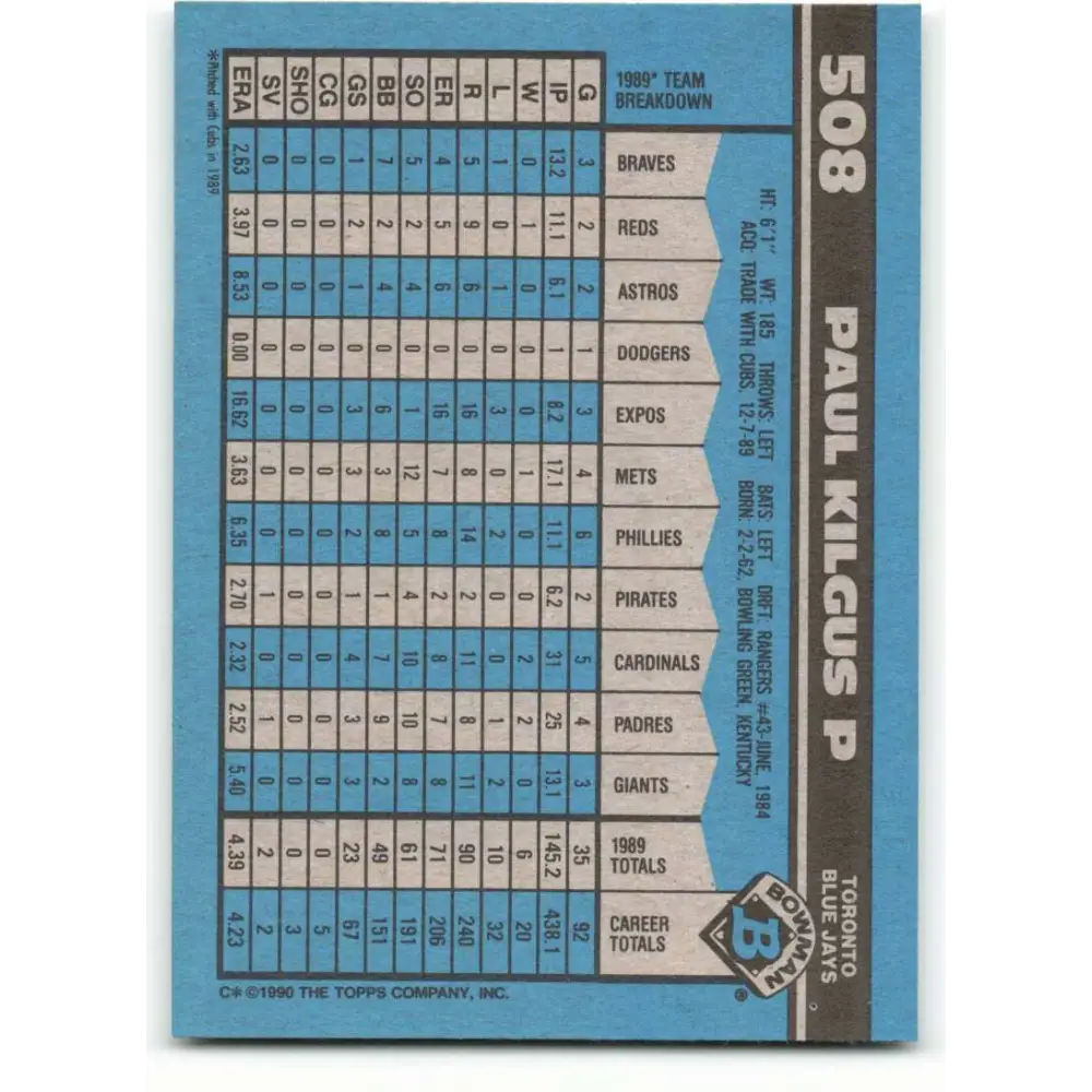 1990 Bowman #508 Paul Kilgus NM-MT Toronto Blue Jays Baseball Card  Image 2