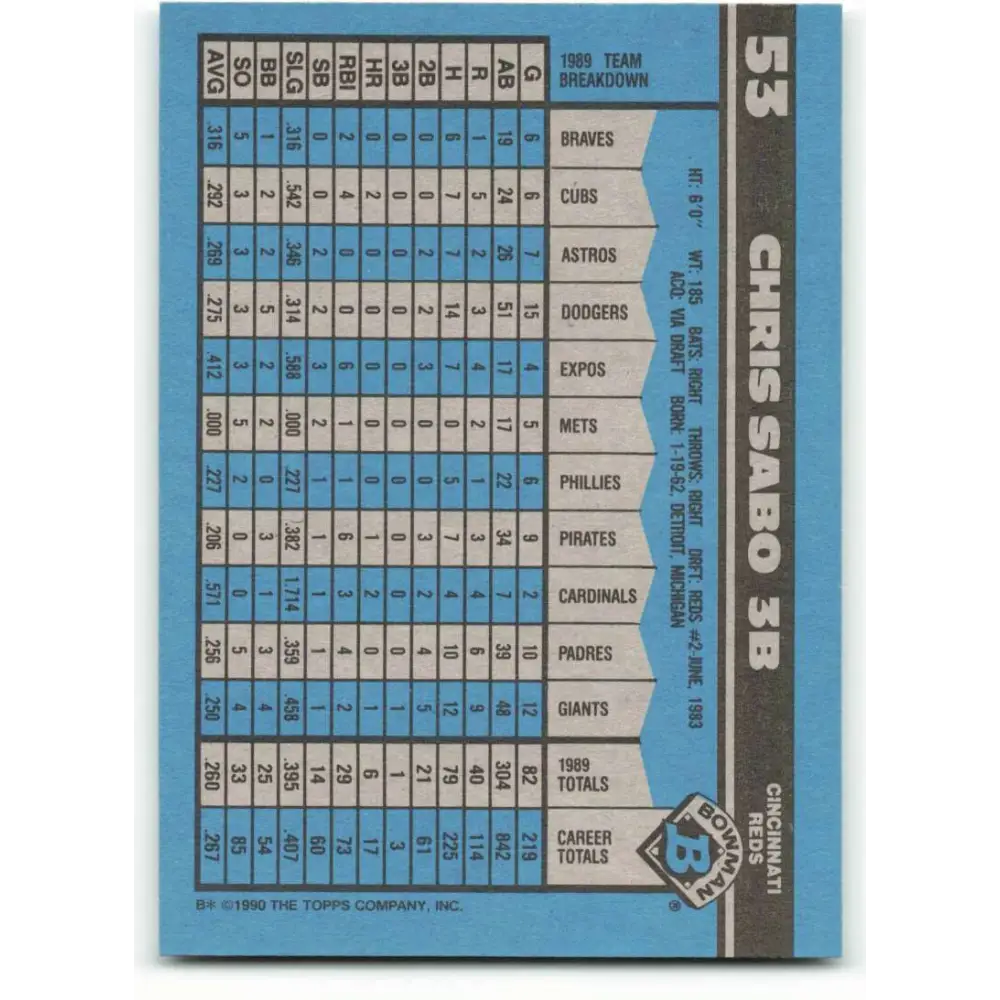 1990 Bowman #53 Chris Sabo NM-MT Cincinnati Reds Baseball Card  Image 2