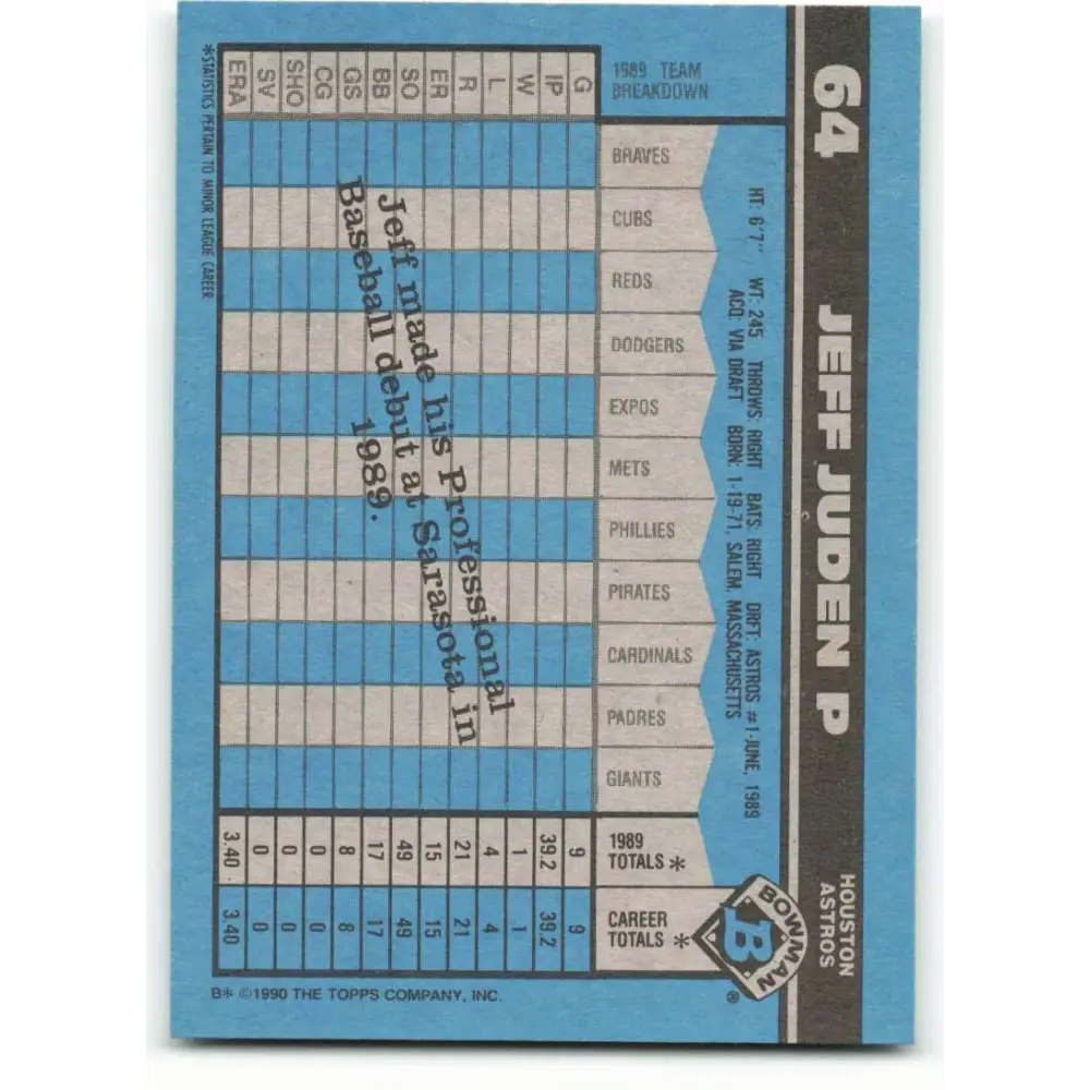 1990 Bowman #64 Jeff Juden NM-MT RC Rookie Houston Astros Baseball Card  Image 2