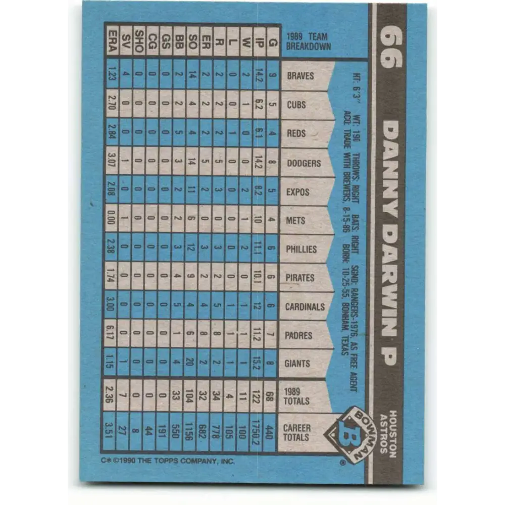 1990 Bowman #66 Danny Darwin NM-MT Houston Astros Baseball Card  Image 2