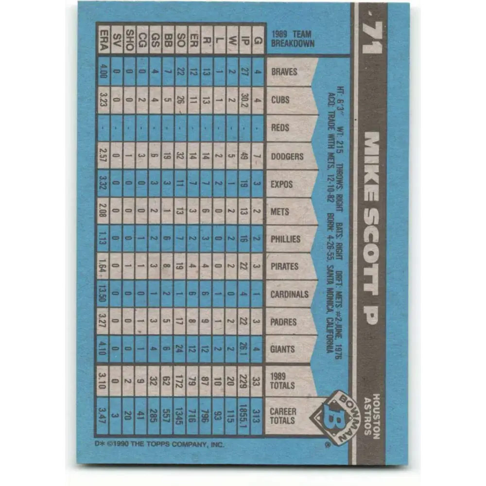1990 Bowman #71 Mike Scott NM-MT Houston Astros Baseball Card  Image 2