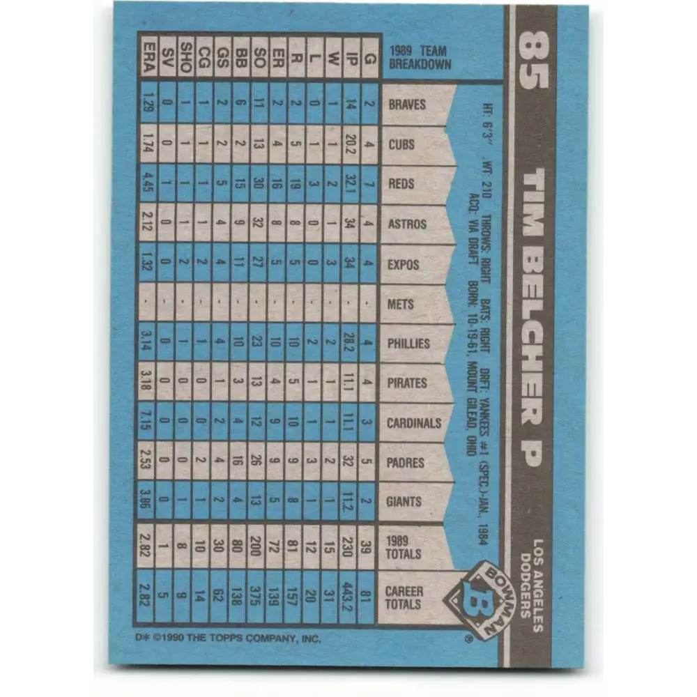 1990 Bowman #85 Tim Belcher NM-MT Los Angeles Dodgers Baseball Card  Image 2