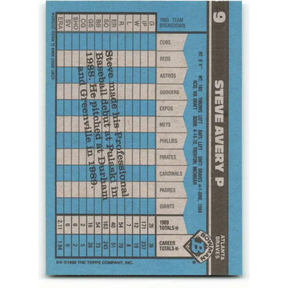 1990 Bowman #9 Steve Avery NM-MT Atlanta Braves Baseball Card  Image 2