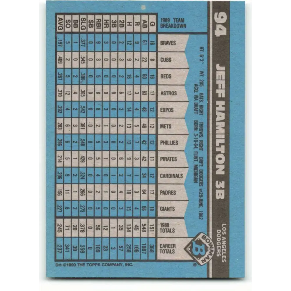 1990 Bowman #94 Jeff Hamilton NM-MT Los Angeles Dodgers Baseball Card  Image 2