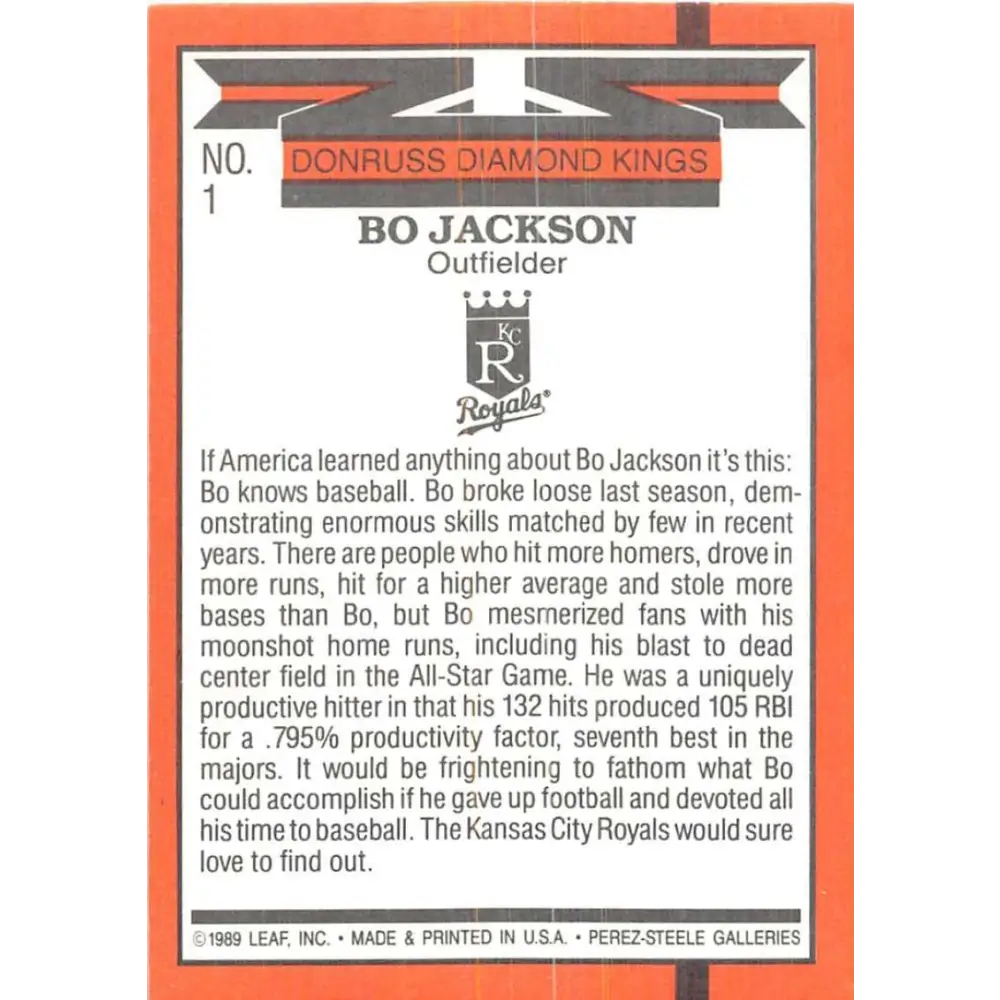 1990 Donruss #1 Bo Jackson DK VG-EX Kansas City Royals Baseball Card Image 2