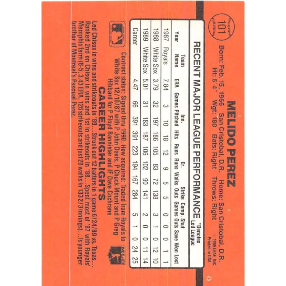 1990 Donruss #101 Melido Perez VG-EX Chicago White Sox Baseball Card Image 2