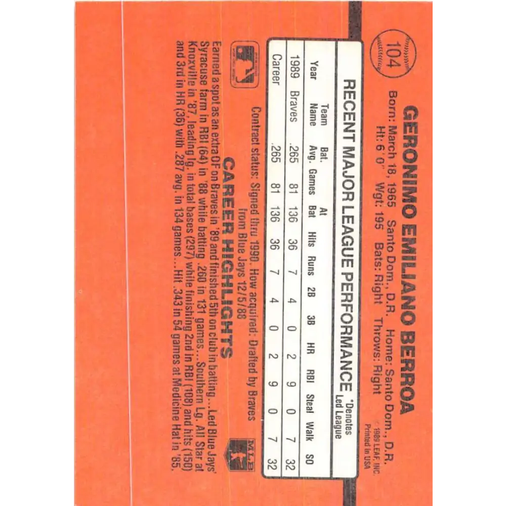 1990 Donruss #104 Geronimo Berroa VG-EX Atlanta Braves Baseball Card Image 2