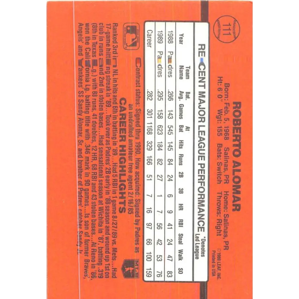 1990 Donruss #111 Roberto Alomar VG-EX San Diego Padres Baseball Card Image 2
