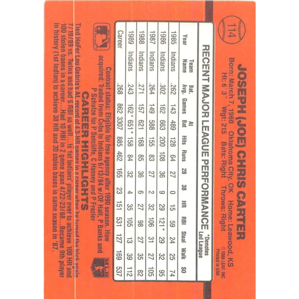 1990 Donruss #114 Joe Carter VG-EX Cleveland Indians Baseball Card Image 2