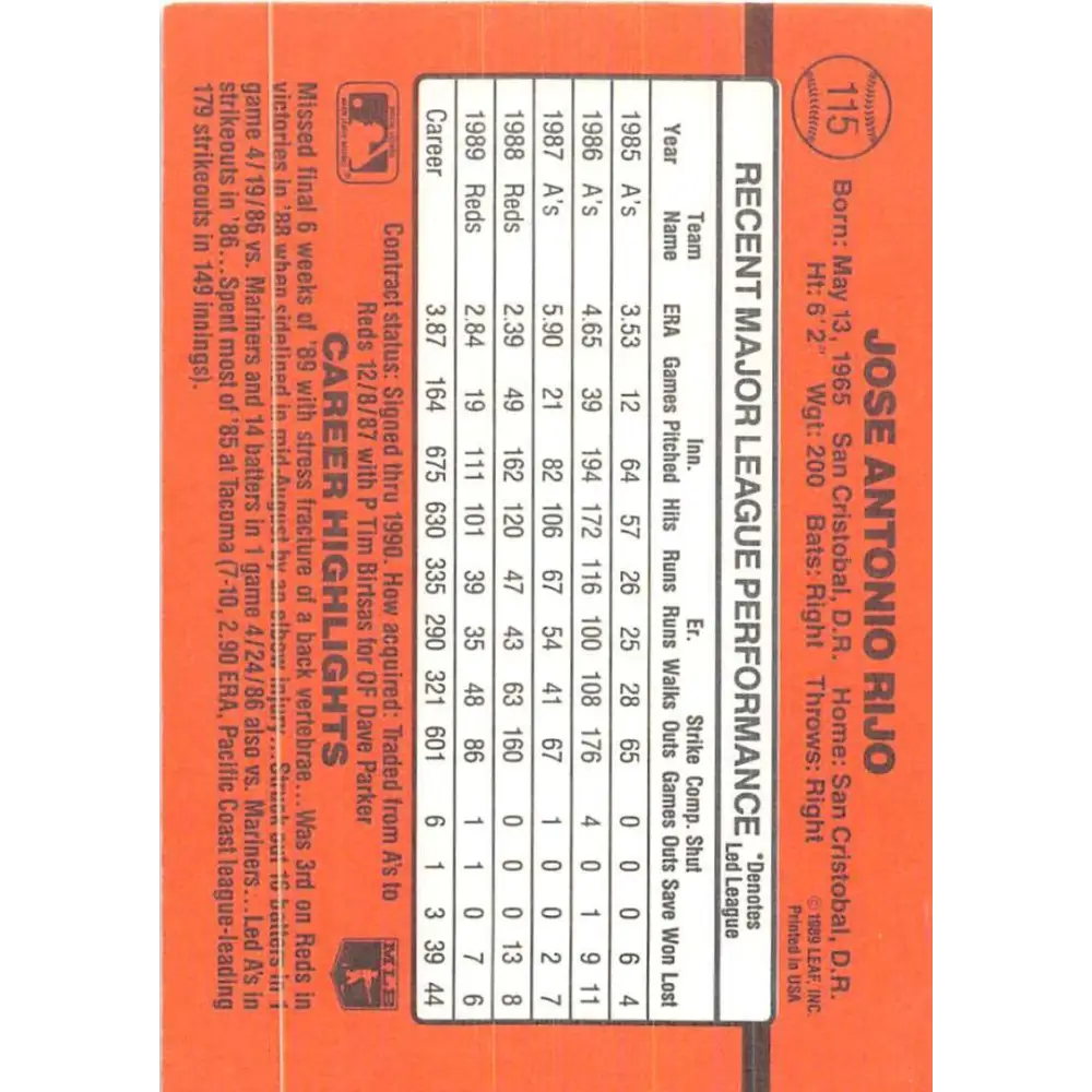 1990 Donruss #115 Jose Rijo VG-EX Cincinnati Reds Baseball Card Image 2