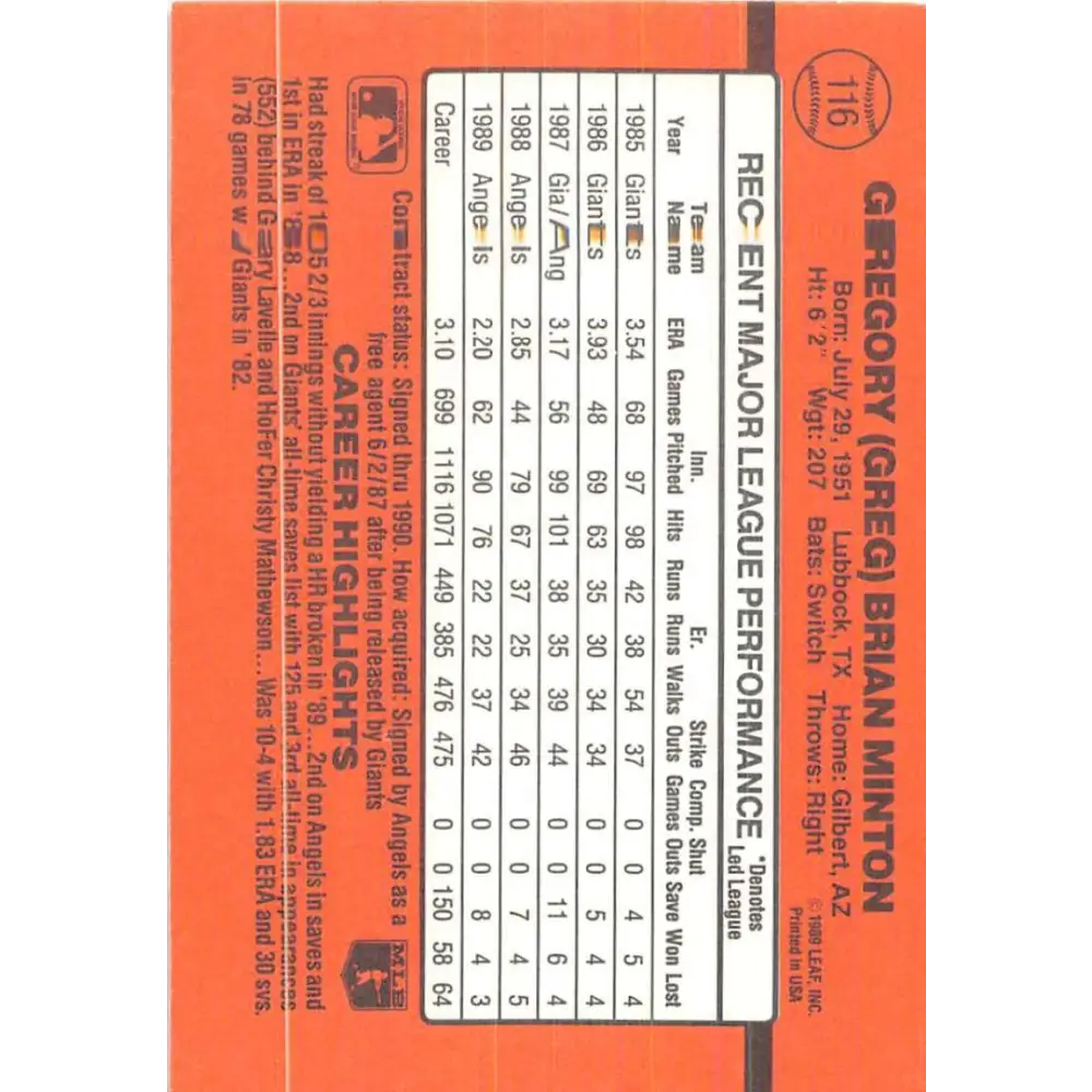 1990 Donruss #116 Greg Minton VG-EX California Angels Baseball Card Image 2