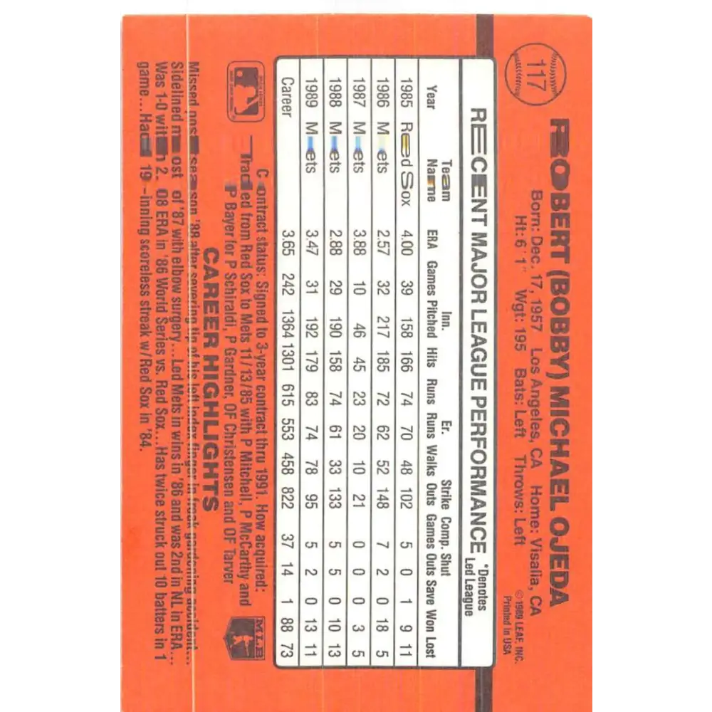 1990 Donruss #117 Bob Ojeda VG-EX New York Mets Baseball Card Image 2