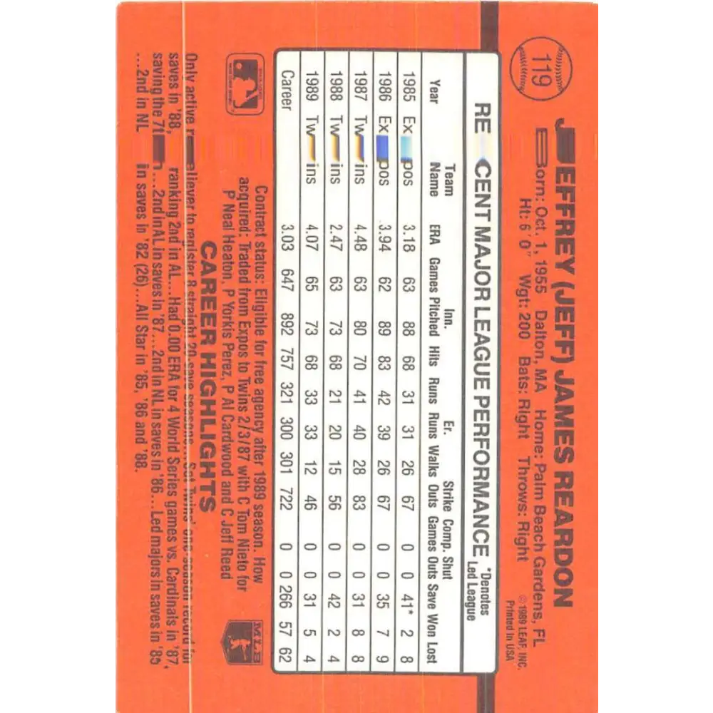 1990 Donruss #119 Jeff Reardon VG-EX Minnesota Twins Baseball Card Image 2