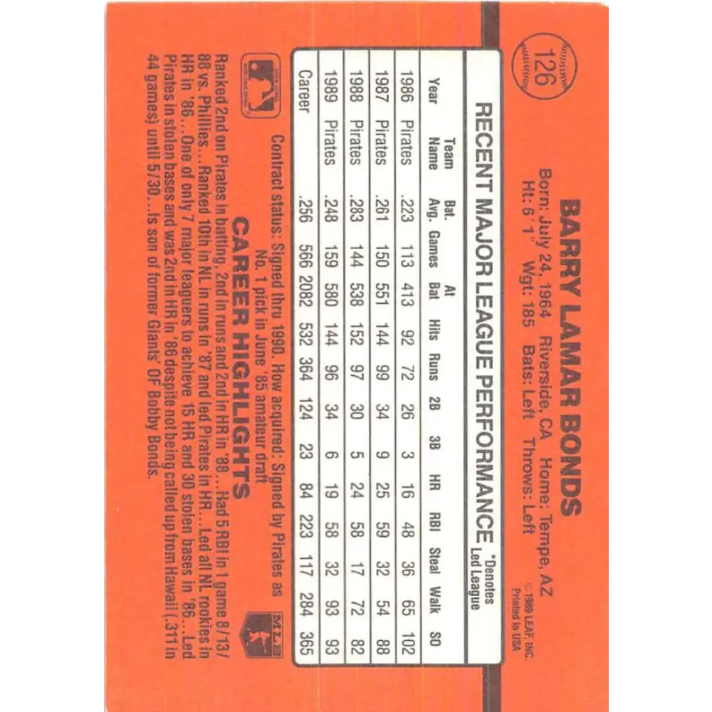 1990 Donruss #126 Barry Bonds VG-EX Pittsburgh Pirates Baseball Card Image 2