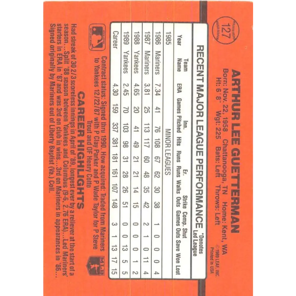 1990 Donruss #127 Lee Guetterman VG-EX New York Yankees Baseball Card Image 2