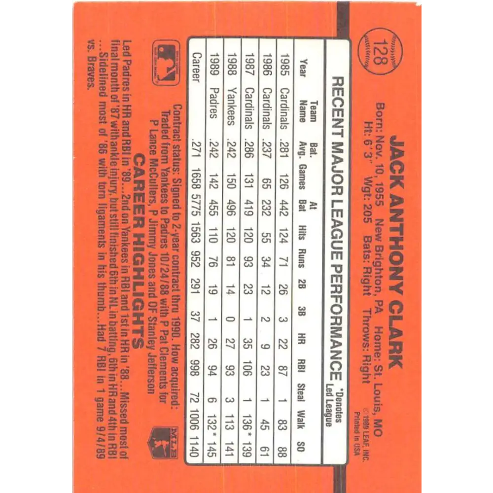 1990 Donruss #128 Jack Clark VG-EX San Diego Padres Baseball Card Image 2