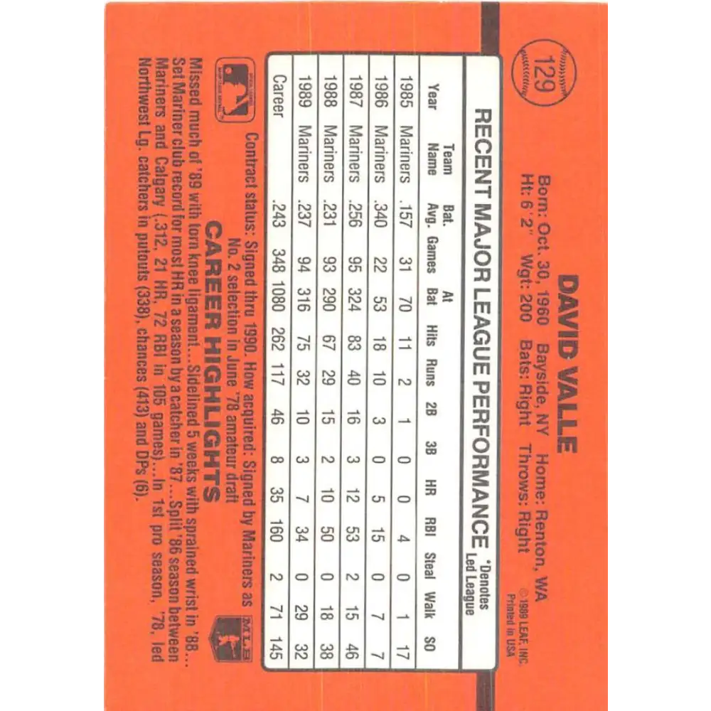 1990 Donruss #129 Dave Valle VG-EX Seattle Mariners Baseball Card Image 2