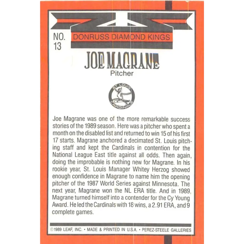 1990 Donruss #13 Joe Magrane DK VG-EX St. Louis Cardinals Baseball Card Image 2
