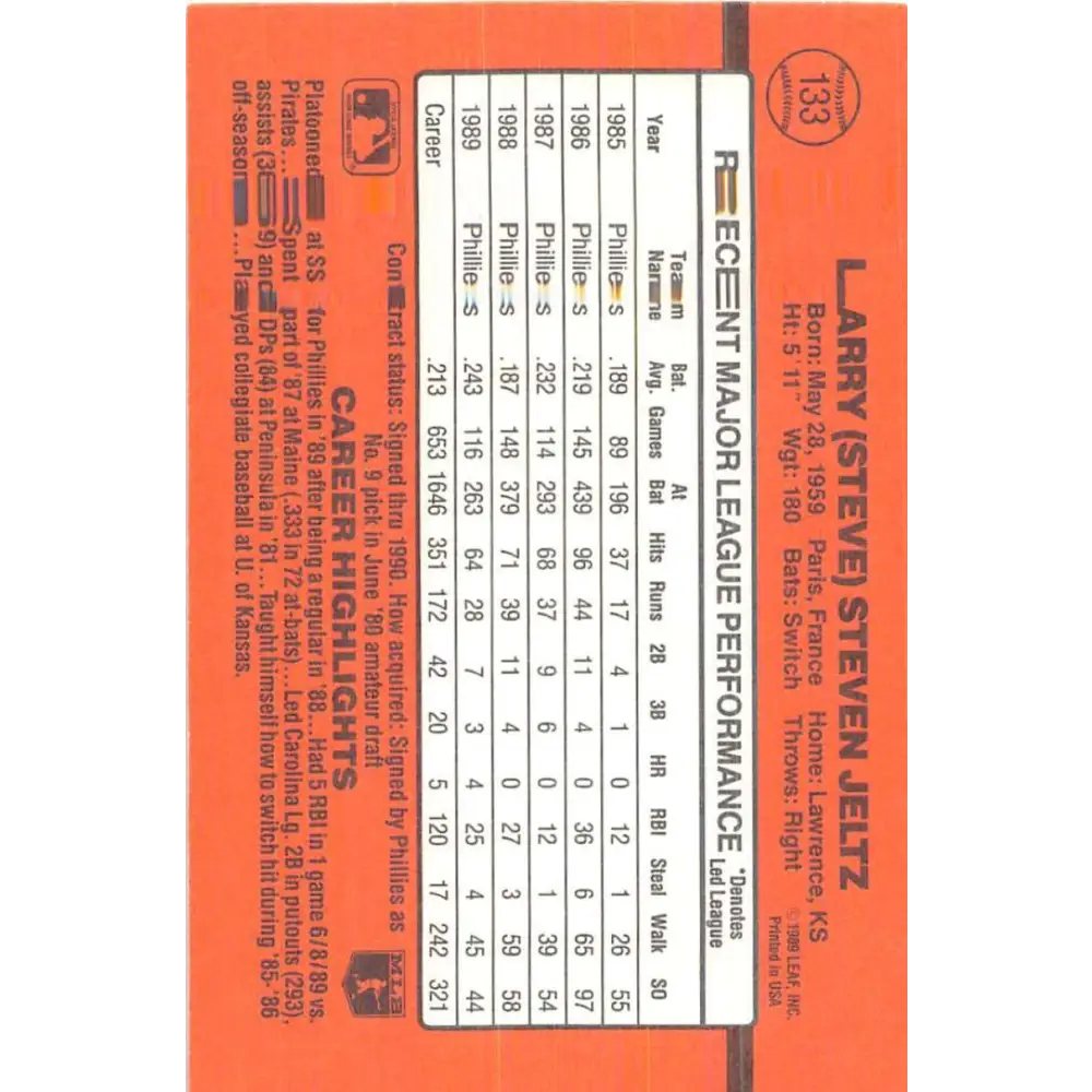 1990 Donruss #133 Steve Jeltz VG-EX Philadelphia Phillies Baseball Card Image 2