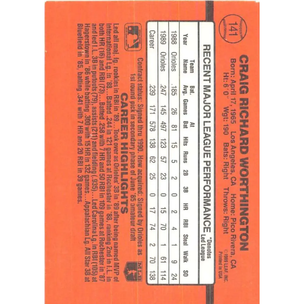 1990 Donruss #141 Craig Worthington VG-EX Baltimore Orioles Baseball Card Image 2