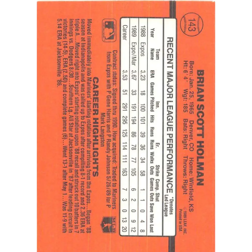 1990 Donruss #143 Brian Holman VG-EX Seattle Mariners Baseball Card Image 2
