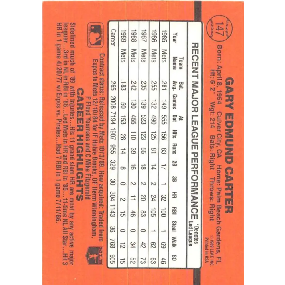 1990 Donruss #147 Gary Carter VG-EX New York Mets Baseball Card Image 2