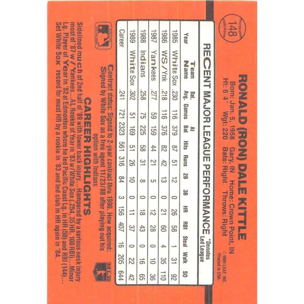 1990 Donruss #148 Ron Kittle VG-EX Chicago White Sox Baseball Card Image 2