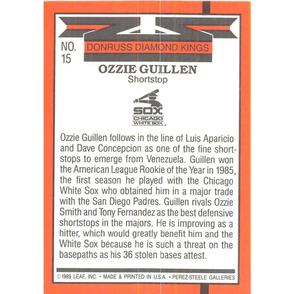 1990 Donruss #15 Ozzie Guillen DK VG-EX Chicago White Sox Baseball Card Image 2