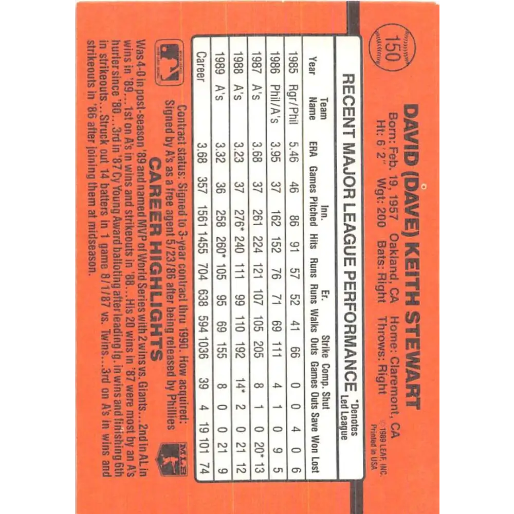 1990 Donruss #150 Dave Stewart VG-EX Oakland Athletics Baseball Card Image 2