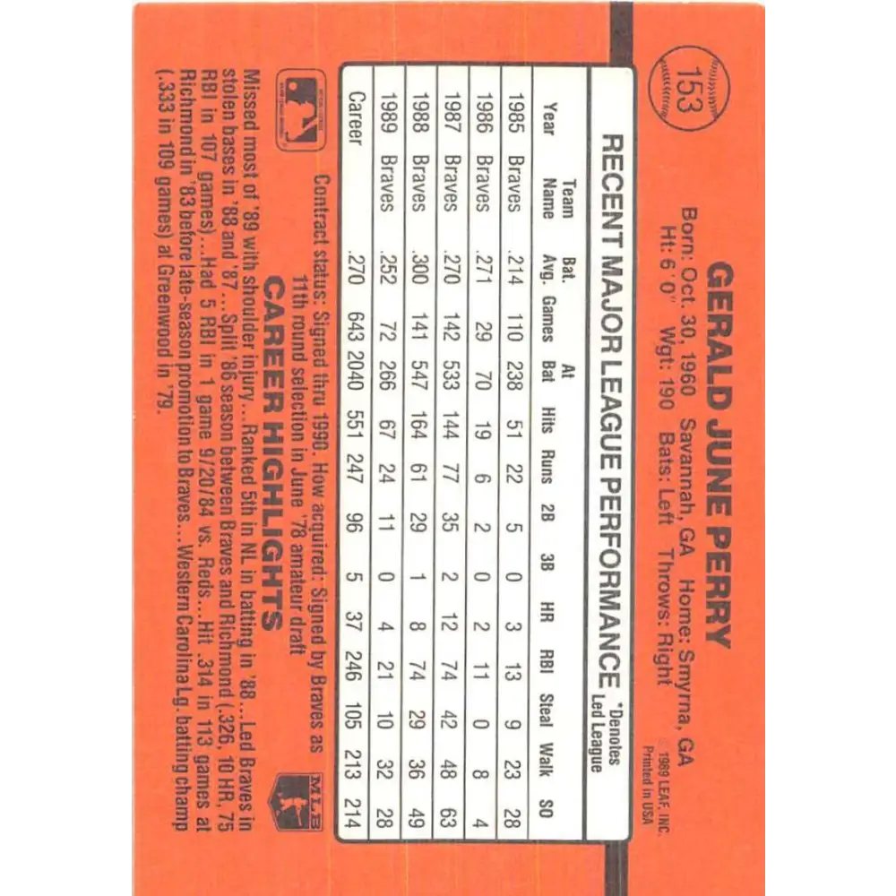 1990 Donruss #153 Gerald Perry VG-EX Atlanta Braves Baseball Card Image 2